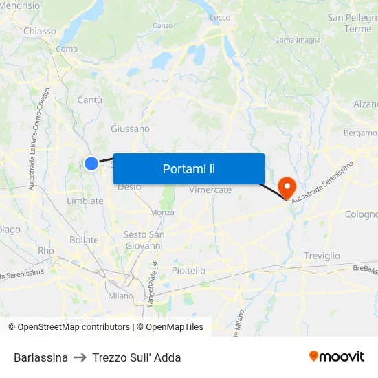 Barlassina to Trezzo Sull' Adda map