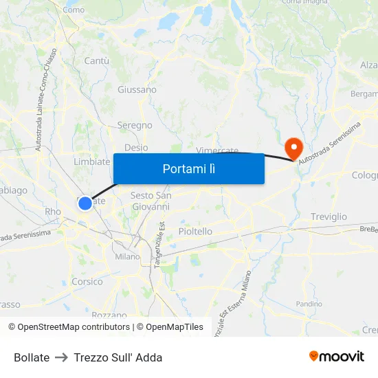 Bollate to Trezzo Sull' Adda map
