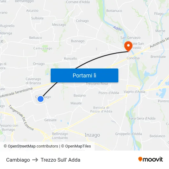 Cambiago to Trezzo Sull' Adda map