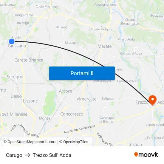Carugo to Trezzo Sull' Adda map