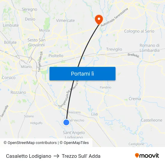 Casaletto Lodigiano to Trezzo Sull' Adda map