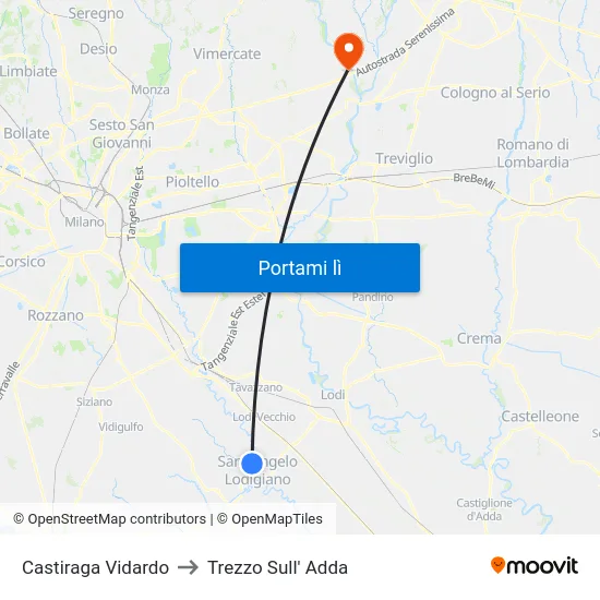 Castiraga Vidardo to Trezzo Sull' Adda map