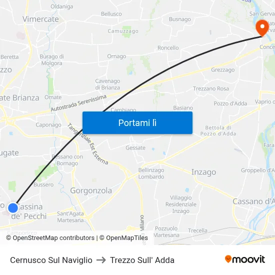 Cernusco Sul Naviglio to Trezzo Sull' Adda map