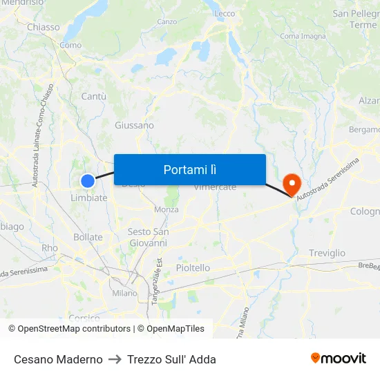 Cesano Maderno to Trezzo Sull' Adda map