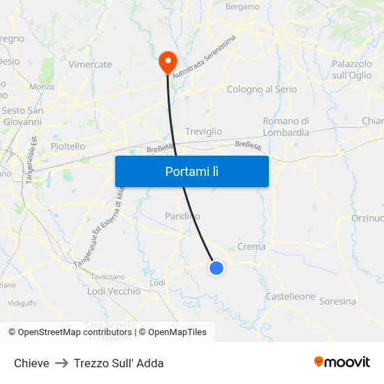 Chieve to Trezzo Sull' Adda map