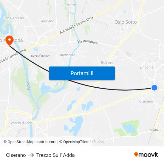 Ciserano to Trezzo Sull' Adda map