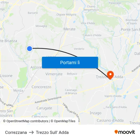 Correzzana to Trezzo Sull' Adda map