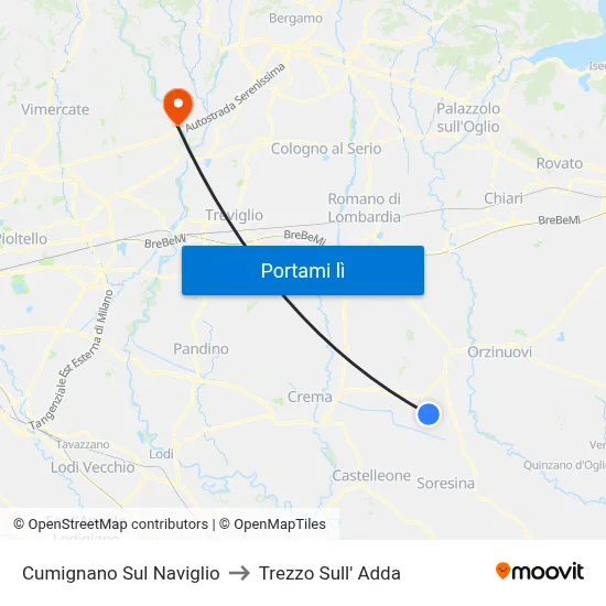 Cumignano Sul Naviglio to Trezzo Sull' Adda map