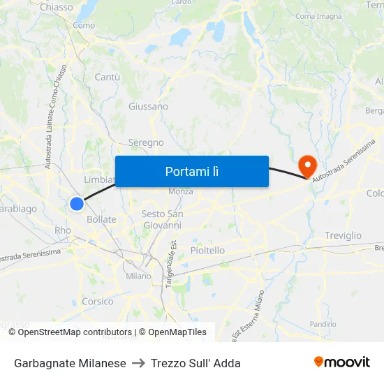 Garbagnate Milanese to Trezzo Sull' Adda map