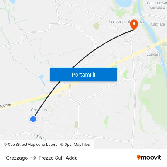 Grezzago to Trezzo Sull' Adda map