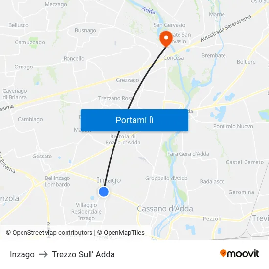 Inzago to Trezzo Sull' Adda map