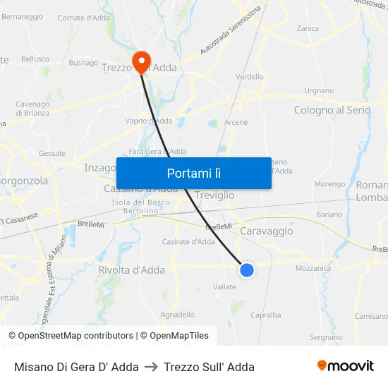 Misano Di Gera D' Adda to Trezzo Sull' Adda map