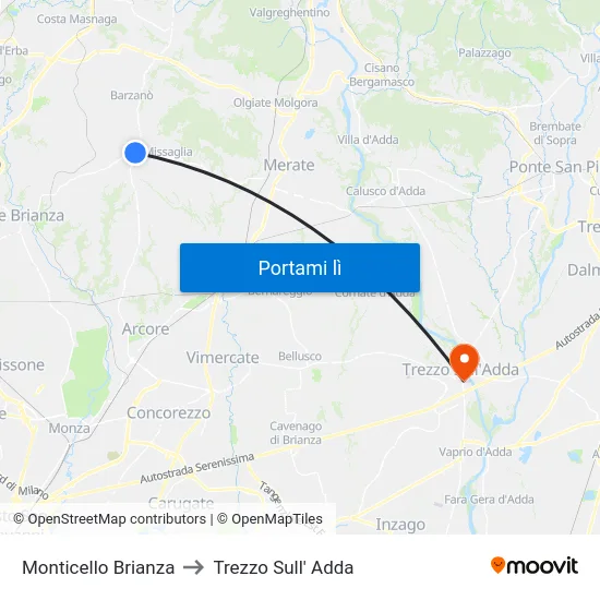 Monticello Brianza to Trezzo Sull' Adda map