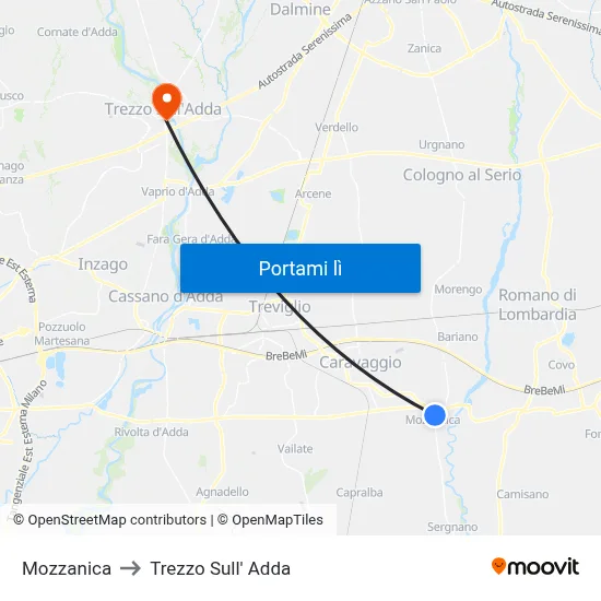 Mozzanica to Trezzo Sull' Adda map