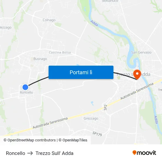 Roncello to Trezzo Sull' Adda map