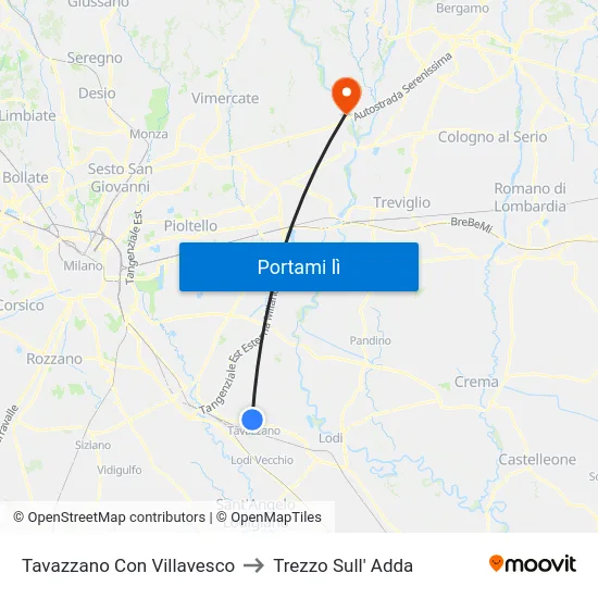 Tavazzano Con Villavesco to Trezzo Sull' Adda map