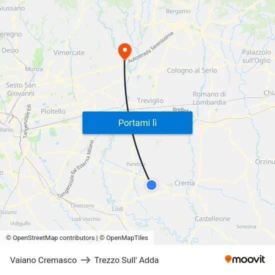 Vaiano Cremasco to Trezzo Sull' Adda map