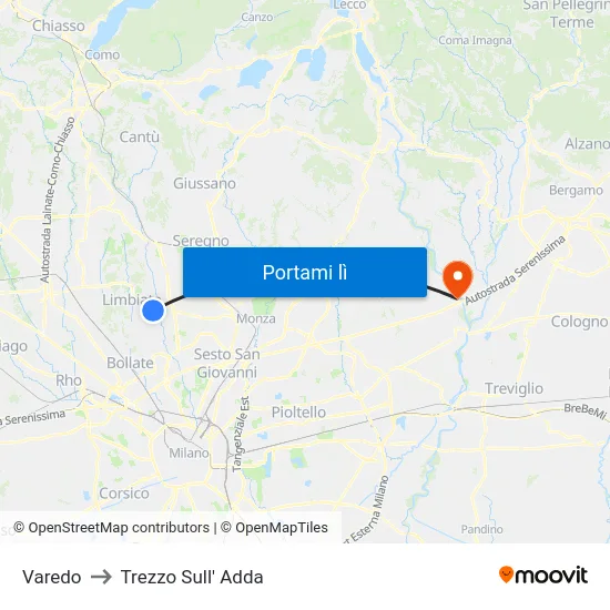 Varedo to Trezzo Sull' Adda map