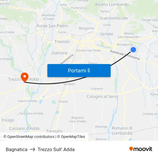 Bagnatica to Trezzo Sull' Adda map