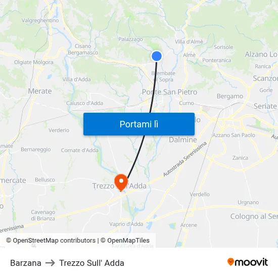 Barzana to Trezzo Sull' Adda map
