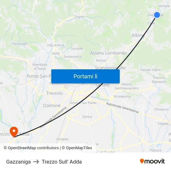Gazzaniga to Trezzo Sull' Adda map