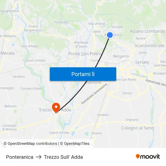 Ponteranica to Trezzo Sull' Adda map