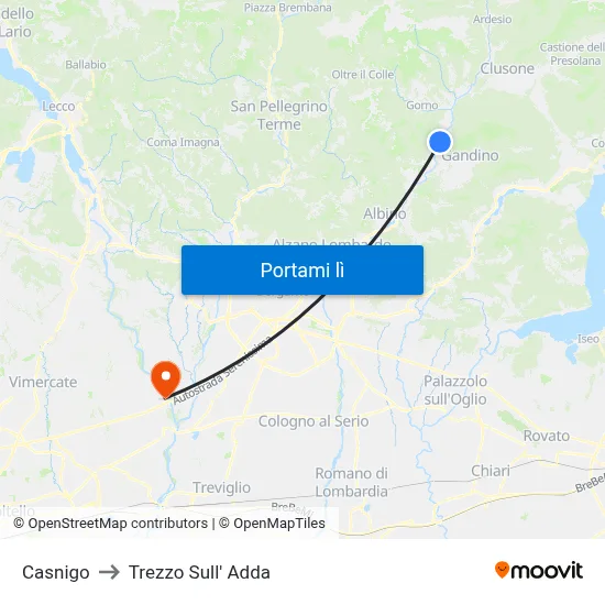 Casnigo to Trezzo Sull' Adda map