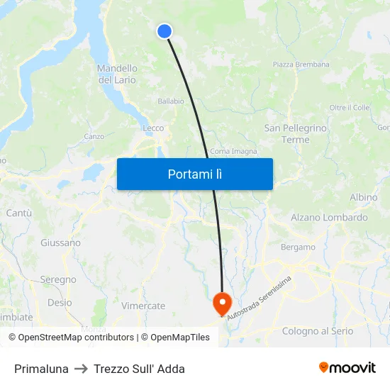 Primaluna to Trezzo Sull' Adda map