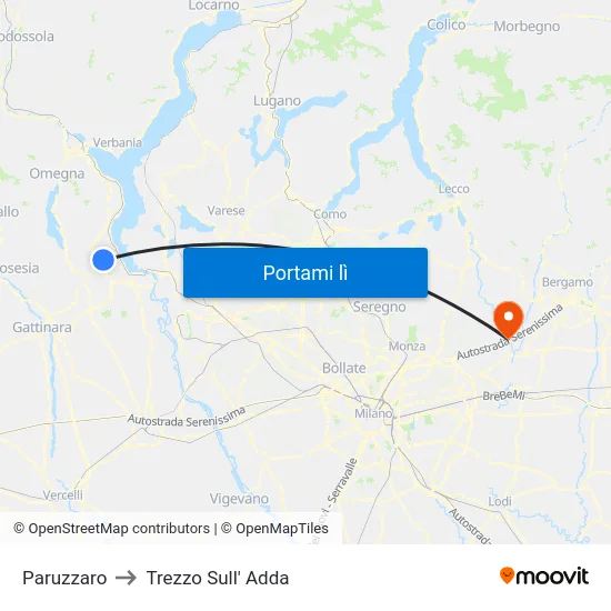Paruzzaro to Trezzo Sull' Adda map
