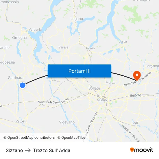 Sizzano to Trezzo Sull' Adda map