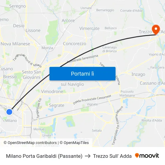 Milano Porta Garibaldi (Passante) to Trezzo Sull' Adda map