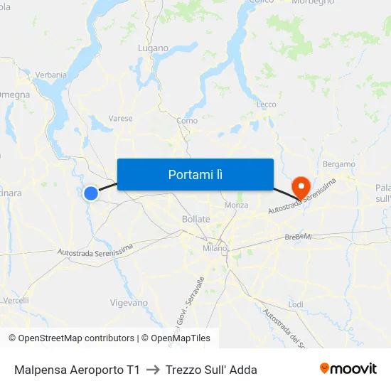 Malpensa Aeroporto T1 to Trezzo Sull' Adda map