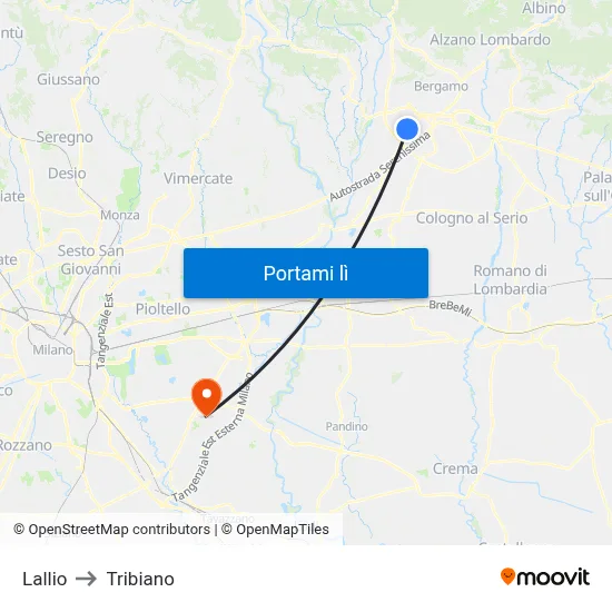 Lallio to Tribiano map