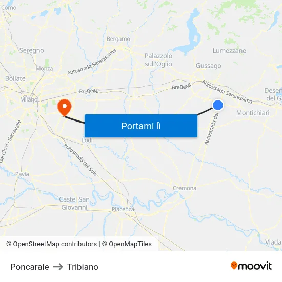 Poncarale to Tribiano map