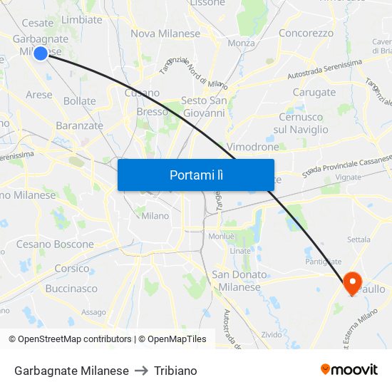 Garbagnate Milanese to Tribiano map