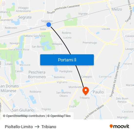 Pioltello-Limito to Tribiano map