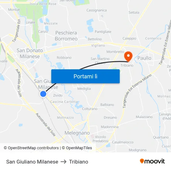 San Giuliano Milanese to Tribiano map