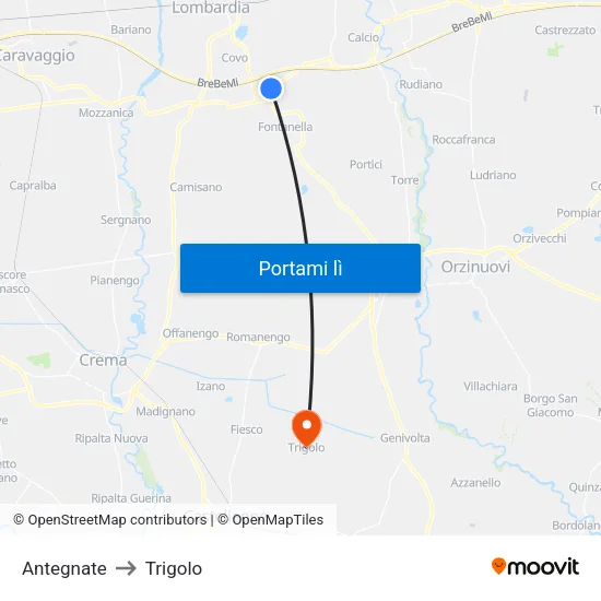 Antegnate to Trigolo map