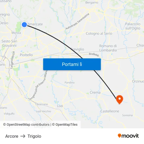 Arcore to Trigolo map