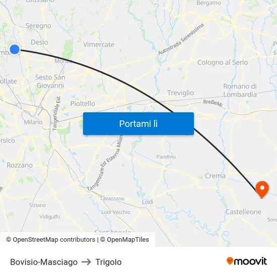 Bovisio-Masciago to Trigolo map