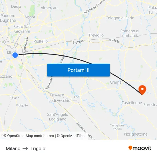 Milano to Trigolo map