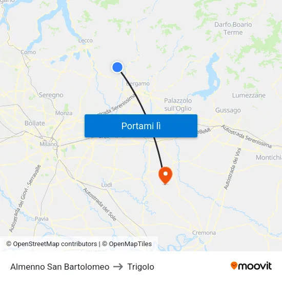 Almenno San Bartolomeo to Trigolo map