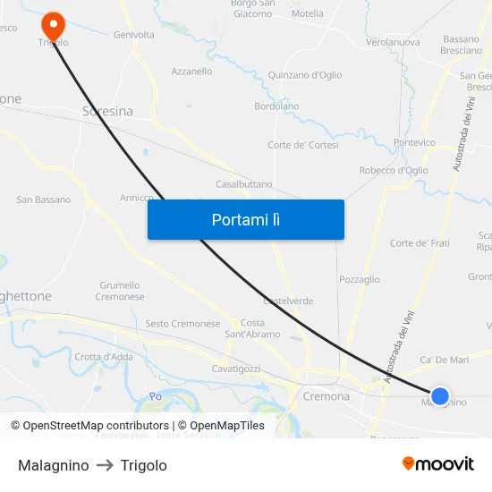Malagnino to Trigolo map