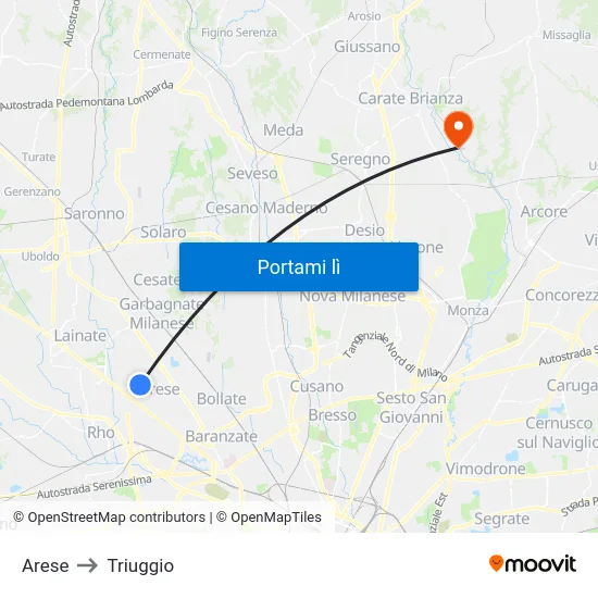 Arese to Triuggio map