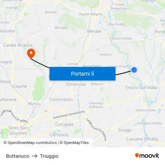 Bottanuco to Triuggio map