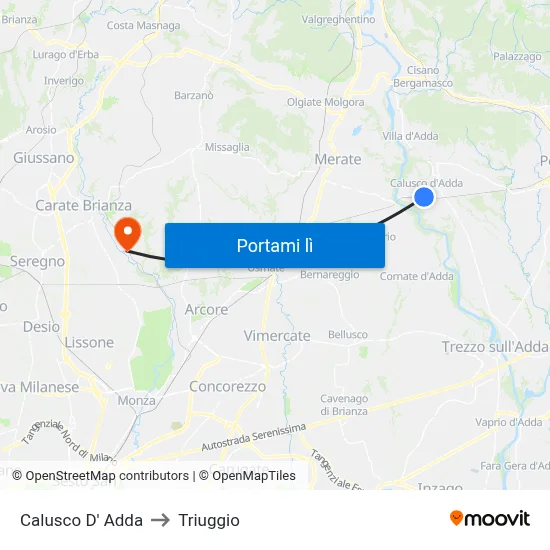 Calusco D' Adda to Triuggio map