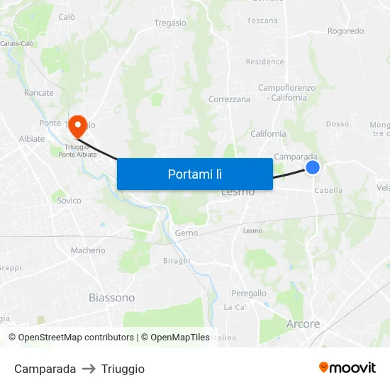 Camparada to Triuggio map