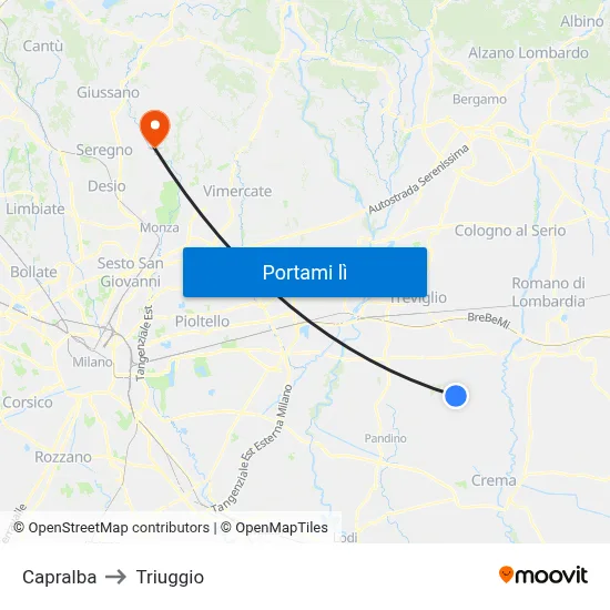 Capralba to Triuggio map