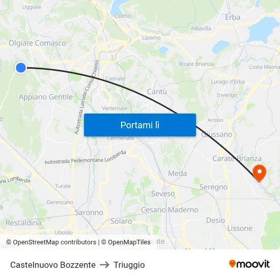 Castelnuovo Bozzente to Triuggio map