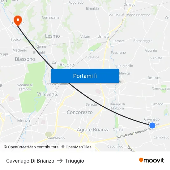 Cavenago Di Brianza to Triuggio map